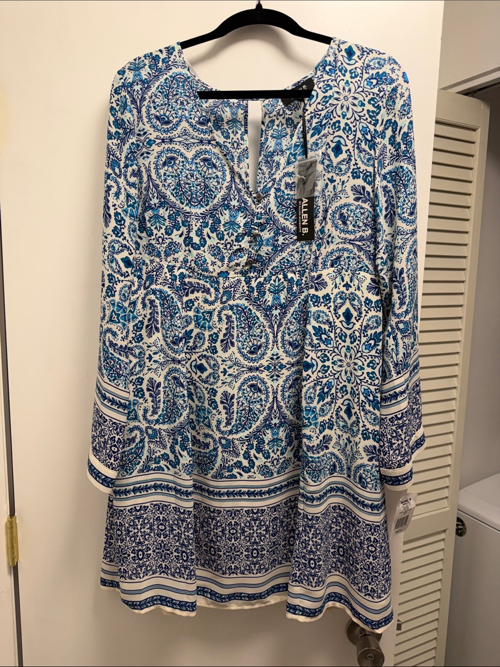 Allen B. By Allen Schwartz Blue and White Paisley Long Sleeve swim cover up.